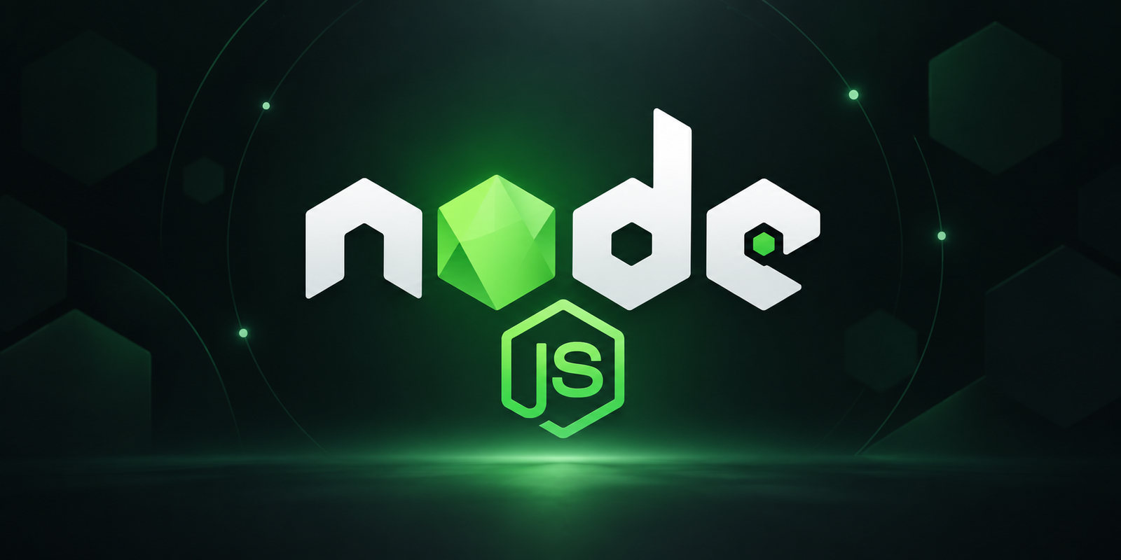 شعار Node.js باللونين الأبيض والأخضر مضيء في وسط خلفية تقنية داكنة للمقارنة بين LTS وCurrent