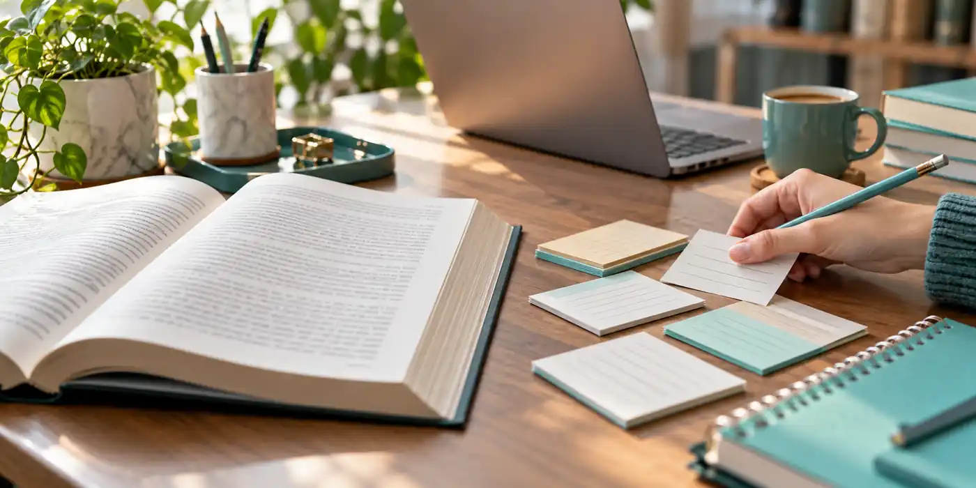 كتاب مفتوح وبطاقات تلخيص على مكتب تمثل اختصار النصوص باستخدام برومبت