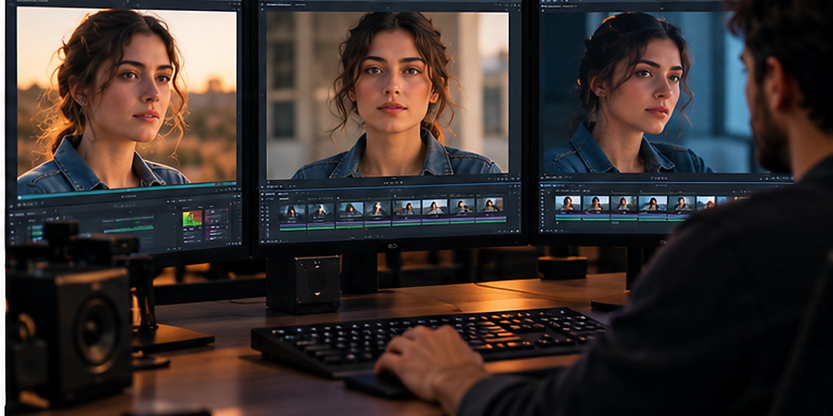 محرر فيديو يقارن ثلاث لقطات سينمائية متناسقة للشخصية نفسها على الشاشات