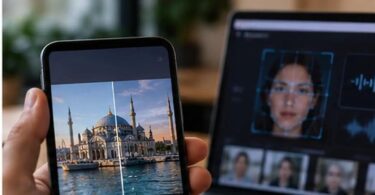 هاتف يعرض صورة قيد فحص الأصالة بجانب شاشة حاسوب تعرض مقارنة وجه وتسجيلًا صوتيًا