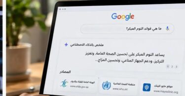 حاسوب محمول يعرض ملخص بحث جوجل بالذكاء الاصطناعي وروابط المصادر للتحقق من الإجابات