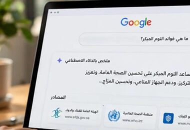 حاسوب محمول يعرض ملخص بحث جوجل بالذكاء الاصطناعي وروابط المصادر للتحقق من الإجابات
