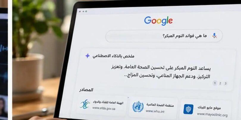 حاسوب محمول يعرض ملخص بحث جوجل بالذكاء الاصطناعي وروابط المصادر للتحقق من الإجابات