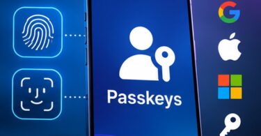 هاتف يعرض رمز مفاتيح المرور Passkeys مع رموز البصمة والتعرف إلى الوجه لحماية تسجيل الدخول