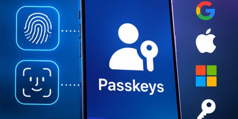 هاتف يعرض رمز مفاتيح المرور Passkeys مع رموز البصمة والتعرف إلى الوجه لحماية تسجيل الدخول
