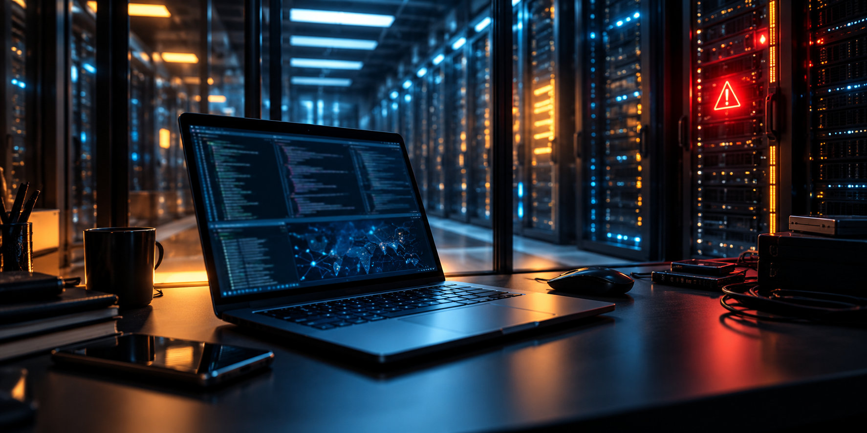 اختراق منصات العملات الرقمية: حاسوب محمول داخل مركز بيانات وإشارة تحذير أمني