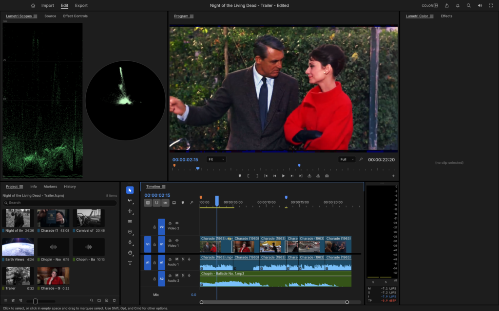 لقطة فعلية من برنامج FilmCraft تظهر المونتاج ومعاينة الفيديو ومخطط الألوان