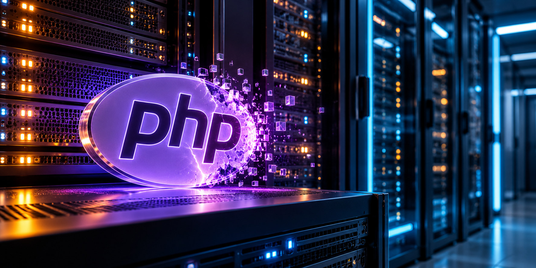 ثغرة PHP2Shell: شعار PHP أرجواني أمام خوادم حاسوبية مع تأثير تشقق ضوئي