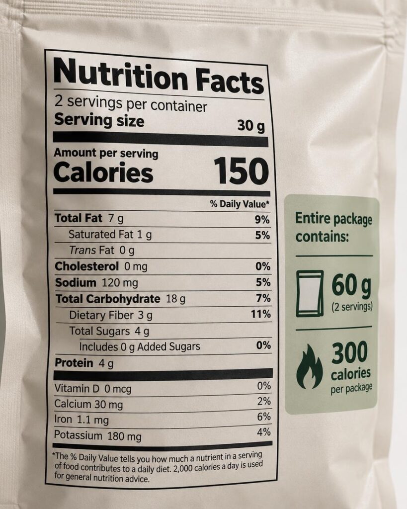 ملصق Nutrition Facts إنجليزي واقعي على عبوة غذائية: حجم الحصة 30 غرامًا، 150 سعرة حرارية، والعبوة تحتوي حصتين بإجمالي 60 غرامًا و300 سعرة حرارية